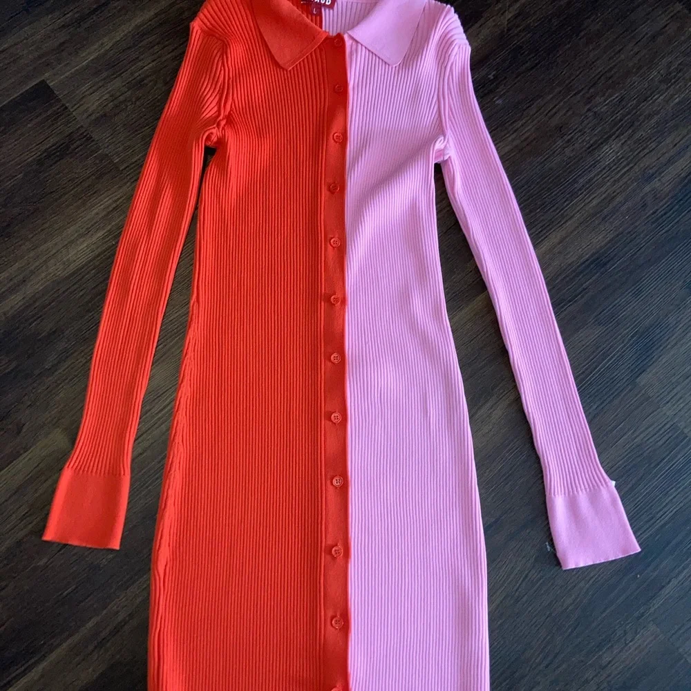 Staud Pink and red Colorblock Long Sleeve Dress with buttons size L - Picture 3 of 5